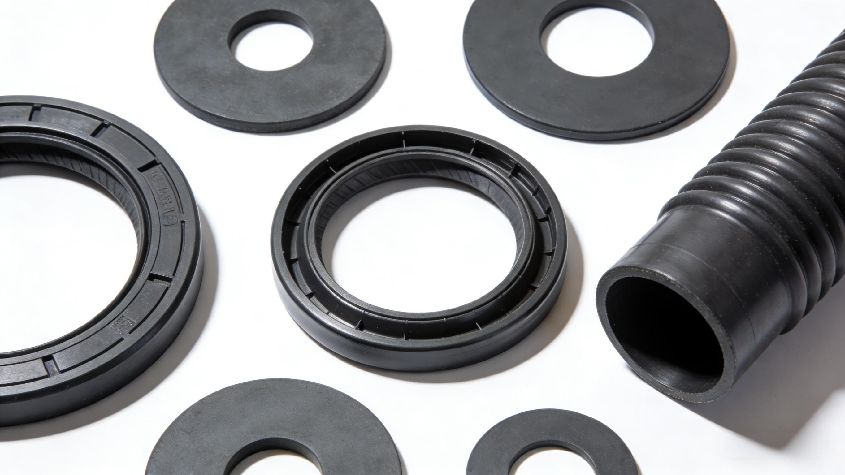 Black rubber seals, gaskets and a corrugated hose